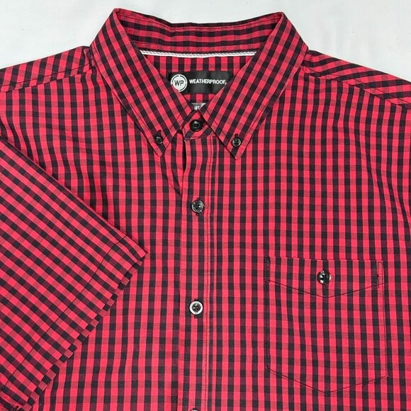 Red Black Gingham Short Sleeve Button Down Stretch Shirt Men’s XL - Picture 2 of 9